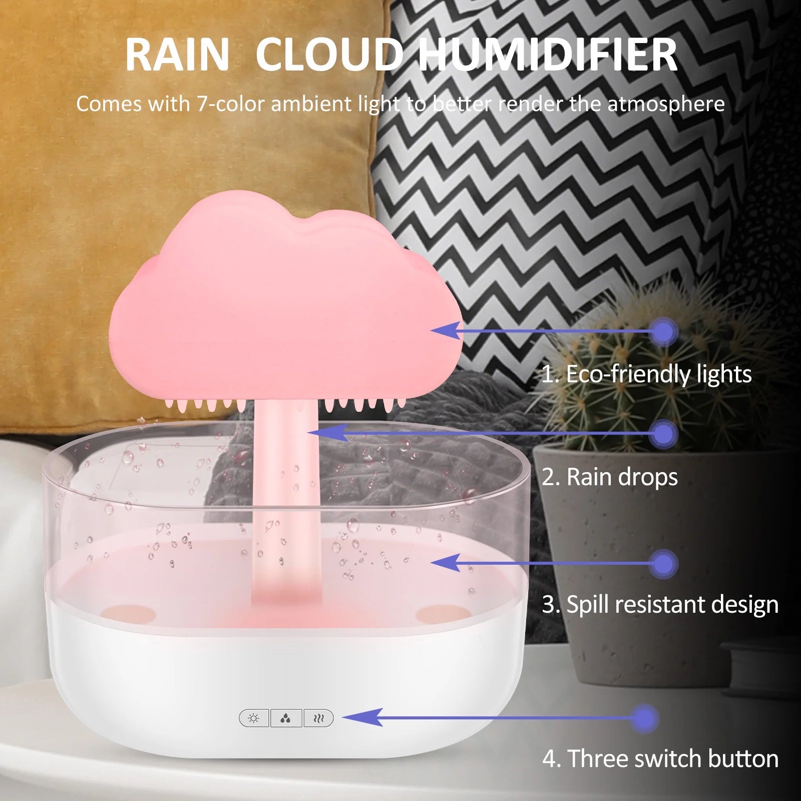 Rain Cloud Humidifier Water Drip, 7 Color Lights Mushroom Rain Cloud Diffuser, Timing Water Drip Aroma Waterfall Lamp(White)